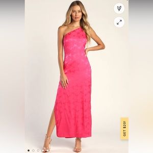 Chasing Desire Hot Pink Satin Jacquard One-Shoulder Maxi Dress